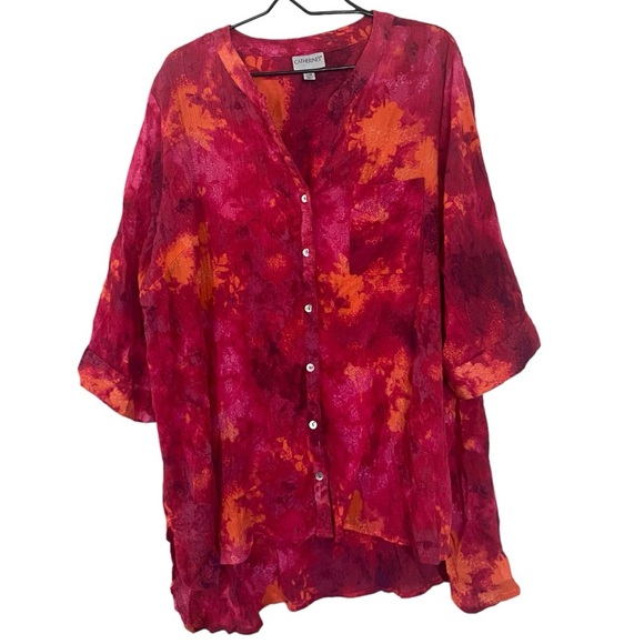 Catherines Tops - Catherine’s Red Pink Watercolor Button Down Shirt Women’s Plus Size 3X Petite